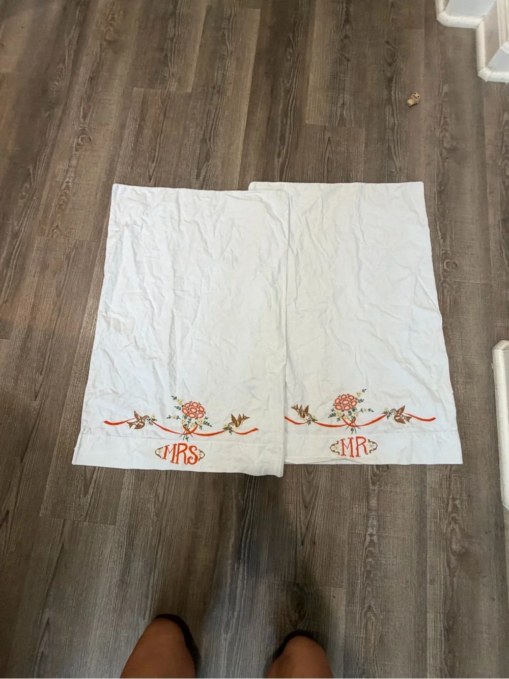 Embroidered White pillow cases with Orange Floral & Monogram - Set Mr.& Mrs.